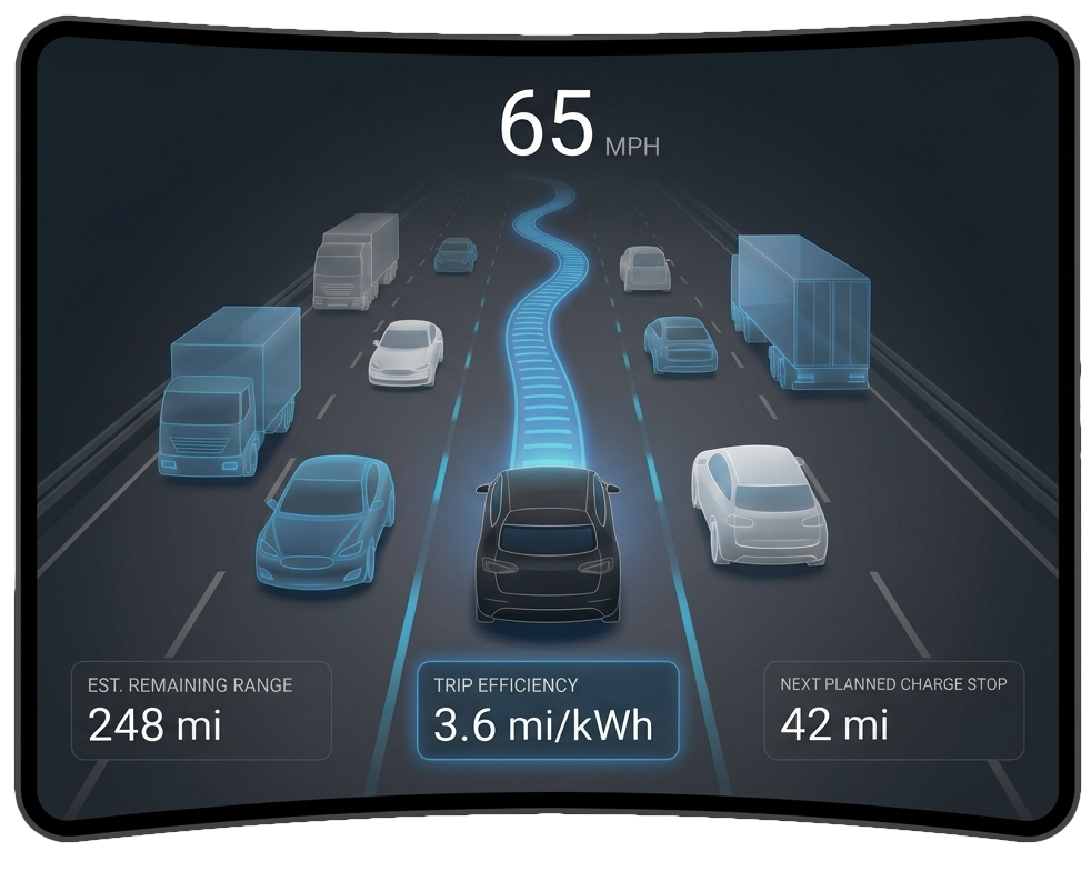 Stylized EV dashboard showing speed, estimated range, trip efficiency, and next charge stop on a highway